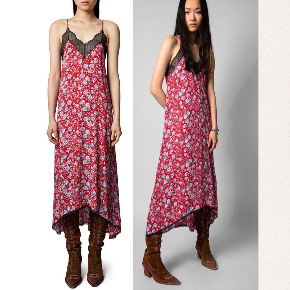 Zadig & Voltaire Risty Flowers Field Dress, Skull Floral Lace Midi, Medium Red